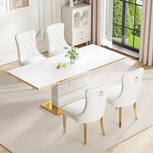 Vista 18 de Mesa de comedor moderna negra para 6 personas, mesa de cocina rectangular de 63 pulgadas con acabado lacado dorado y base de pedestal de acero