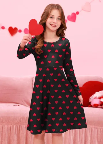 Vista 3 de BesserBay Vestido midi de manga larga con estampado de corazón para el día de San Valentín para niña, 4-14 años