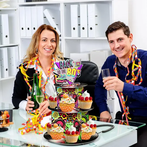 Vista 6 de Zopeal Soporte para cupcakes de 3 niveles de los años 80, decoración de fiesta musical, soporte para tartas de hip hop, torre de pastel de regreso a