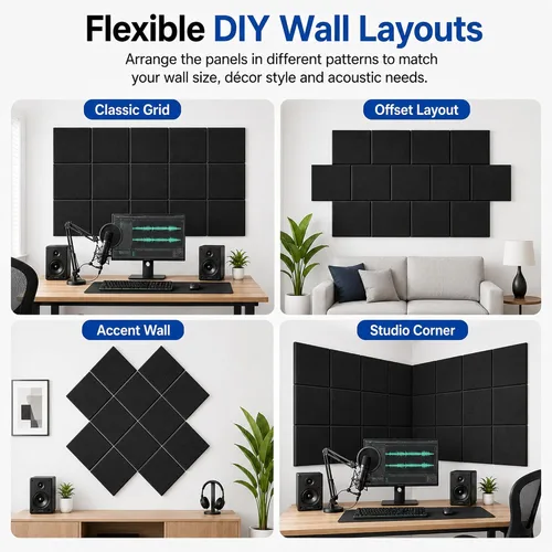 Vista 6 de Paquete de 15 paneles de pared acústicos autoadhesivos, 12 x 12 x 0.35 Paquete de 15 cuadrados negros