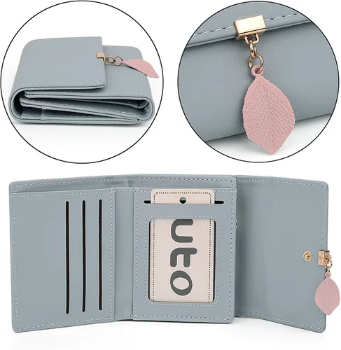 Vista 5 de UTO - Cartera pequeña RFID de piel sintética con dije de hoja, cierre de cremallera y tarjetero.