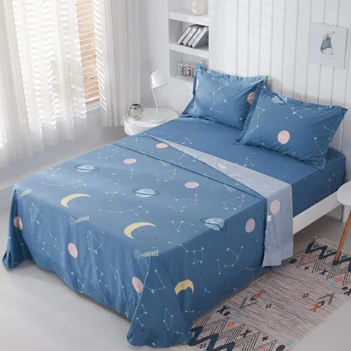 Vista 2 de FADFAY Planet Star Constellation - Juego de sábanas de 100 % algodón con estampado de luna de meteorito y universo, tamaño Queen, para niños