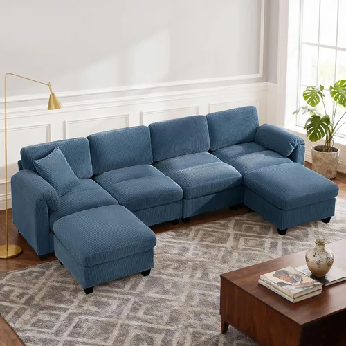 Vista 13 de Sofá modular modular con otomana, sofá de pana de 3 plazas con 2 almohadas, sofá de asiento profundo en forma de L de 88.2 pulgadas con cojín Beige