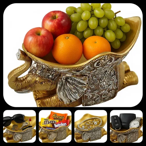 Vista 3 de Lescafita Escultura de Elefante Africano Dorado, Exquisita Decoración Animal para el Hogar, con Bandeja de Almacenamiento en la Parte Superior