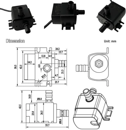 Vista 4 de SHYSKY 12VDC Mini bomba de agua sin escobillas DC30A-1230 4.8W 63.4GPH Elevación 9.8 ft 9.8ft Circulación continua estable de bajo ruido, para micro