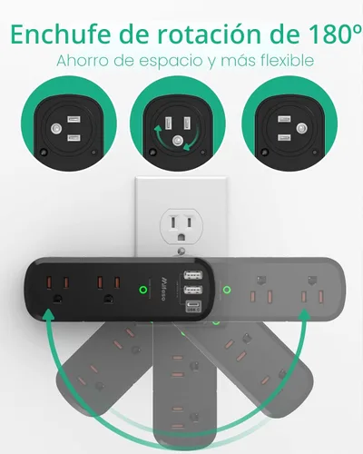 Vista 2 de Mifaso - Extensor de tomacorriente USB, protector de sobretensiones con enchufe giratorio, 1800 julios, 6 tomas de corriente alterna y 3 puertos USB