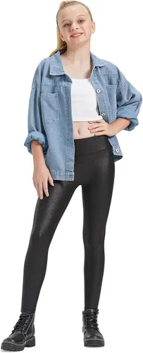 Vista 6 de HARTPOR Leggings de piel sintética para niñas, leggings de piel elástica de cintura alta, pantalones de cuero para adolescentes