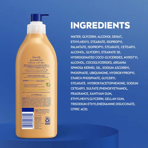 Vista 8 de NIVEA Loción Corporal Reafirmante de Belleza e Hidratación con Melanina con Q10 y Aceite de Argán, Piel más Firme en tan solo Siete Días, Botella