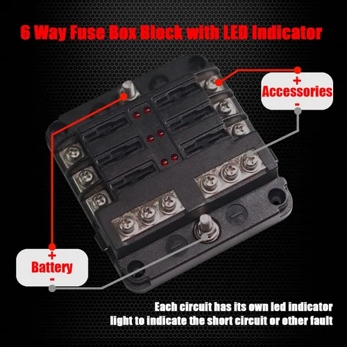 Vista 4 de Ampper Caja de fusibles de 6 vías con bus negativo, DC 12-24 V ATC/bloque de fusibles ATO con indicador LED, cubierta, tornillos y etiqueta adhesiva