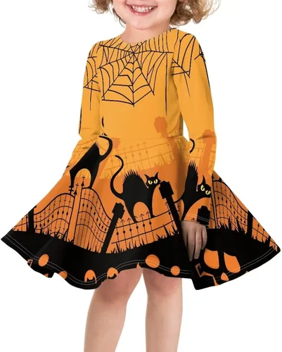 Vista 3 de Vestido para niñas pequeñas, vestido de Halloween para fiesta, cosplay, disfraces de manga larga, línea A, vestido de patinadora para otoño