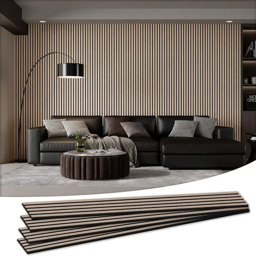 Vista 25 de Paquete de 4 paneles acústicos de pared de 105.9 x 12.6 x 0.8 pulgadas, absorbentes de sonido, paneles de pared de listones de madera para Teca