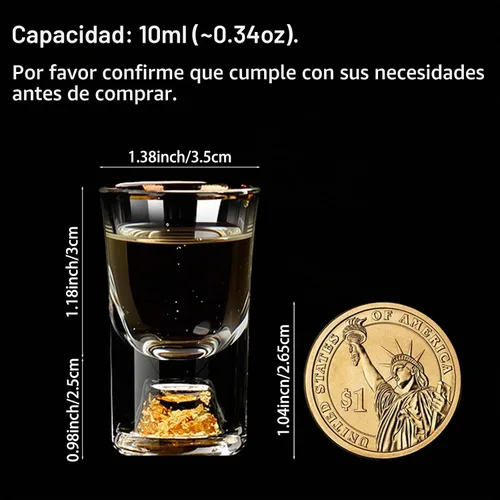 Vista 2 de Paquete de 6 vasos de chupito de 0.3 fl oz (0.33 onzas), juego de vasos de chupito de cristal decorado con copos de oro de 24 quilates, vasos