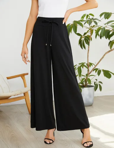 Vista 2 de KOJOOIN Pantalones de pierna ancha para mujer, talla grande, pantalones palazzo con vuelo, cintura alta, elásticos, pantalones largos con cordón