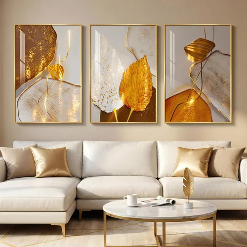 Vista 48 de Arte de pared moderno enmarcado en blanco y negro, 3 piezas de impresiones contemporáneas grandes para paredes, juego de 3 imágenes de hojas doradas