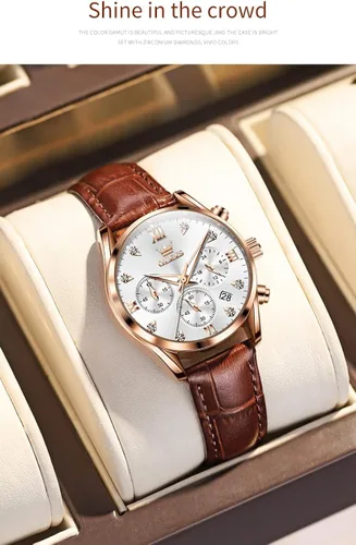 Vista 5 de OLEVS Relojes de cuero para mujer, correas marrones, vestido casual, cronógrafo, relojes de pulsera de cuarzo analógico de oro rosa, resistente al