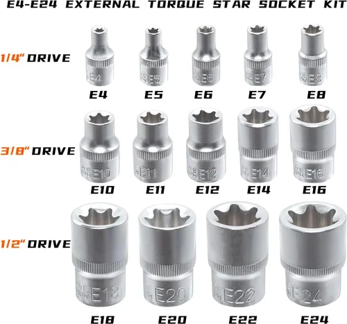 Vista 2 de E-Torx Juego de zócalos, 14 piezas hembra E-Torx Star Socket Set, 1/4" 3/8" 1/2" Drive, E4 a E24 Torque E Externo Juego de zócalos, 14pcs Star