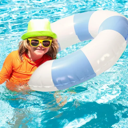 Vista 7 de Whaline Flotador inflable de natación de 4 piezas, anillo de natación a rayas, divertido estampado para piscina, tumbona, tubo para verano