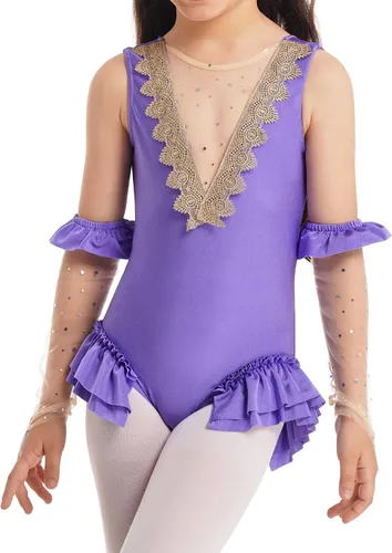 Vista 4 de YiZYiF Disfraz de trapecio de circo para niñas, inspirado en princesa, tutú con volantes, leotardo para cosplay, con mangas para los brazos