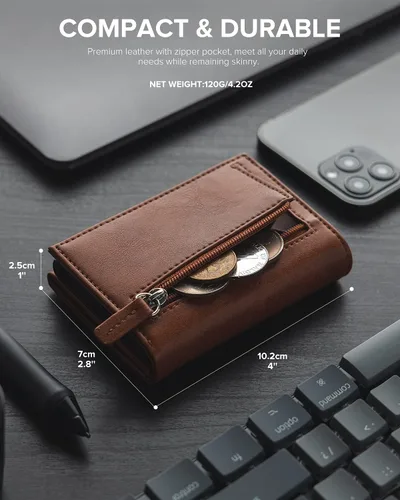 Vista 6 de VULKIT Cartera con bolsillo para monedas, cierre magnético, con ventana de identificación, billetera de cuero para efectivo y tarjetas de crédito