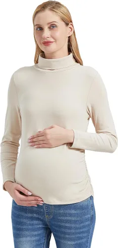 Vista 6 de Foucome Camisas de manga larga de cuello alto para maternidad, con forro polar, básicas, ajustadas, ropa interior térmica para embarazo