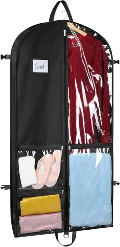 Vista 6 de Bolsas de ropa de baile negras de Zilink, bolsa de ropa de 40 pulgadas para competiciones de baile con 5 bolsillos transparentes con cremallera