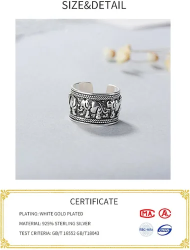 Vista 5 de Anillo de plata de ley 925 con elefante, anillo ajustable para mujer, color blanco, Plata