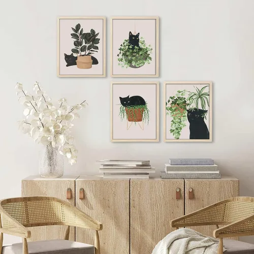 Vista 3 de 6 piezas de arte botánico de pared con diseño de gato negro, hojas verdes, plantas y plantas bohemias, arte de pared minimalista, impresiones