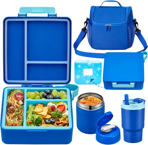 Vista 15 de Lonchera Bento para niños con termo de sopa de 17 onzas, botella de agua aislada y bolsa de almuerzo aislada, a prueba de fugas, contenedor