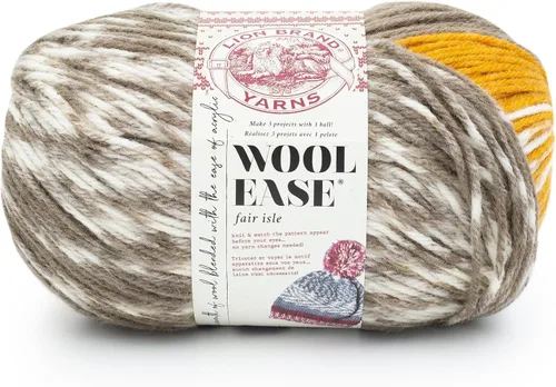 Vista 11 de Lion Brand Yarn - Ovillo de lana Wool Ease Fair Isle, hilo para tejer, color beige/oliva, 1 unidad Worsted Weight Wool Acrylic Blend Knit &