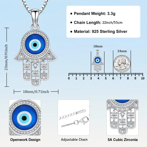Vista 67 de Aniu Joyería de plata de ley 925 Hamsa de Fátima para mujer con circonita cúbica, viene con caja de regalo negra
