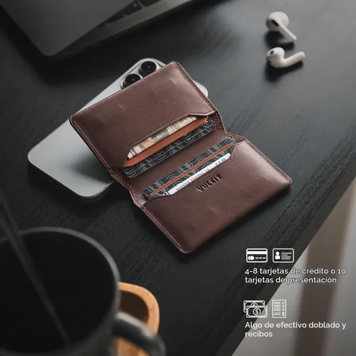 Vista 3 de VULKIT Cartera delgada minimalista con bloqueo RFID de cuero genuino, tarjetero con bolsillo frontal, cierre magnético, Espresso, Minimalista