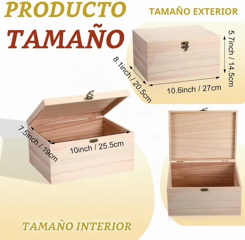 Vista 3 de Yookeer 2 Piezas Cajas Grandes de Madera Sin Terminar con Tapa con Bisagras y Cierre Frontal, Cajas de Madera Rectangulares Sin Pintar