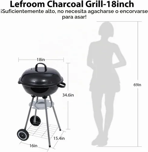 Vista 2 de Parrilla de carbón de 18 pulgadas con cubierta de parrilla impermeable para patio al aire libre, picnic, camping, barbacoa hervidor