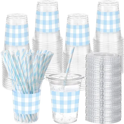 Vista 20 de Sliner 50 juegos de vasos de plástico a cuadros de 16 onzas con tapas y pajitas de papel, vasos desechables transparentes para fiesta de autos