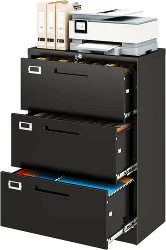 Vista 30 de Archivador de metal con 2 cajones con cerradura, gabinete archivador con soporte para impresora móvil y estantes para archivos de tamaño Negro