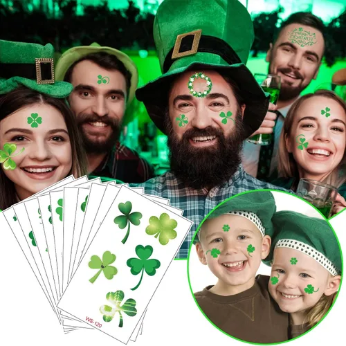 Vista 2 de Tatuajes del día de San Patricio, trébol temporal, tatuajes de trébol temporales, tatuajes de la suerte de trébol impermeable para adultos y niños