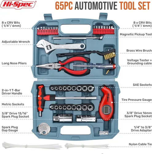 Vista 2 de Hi-Spec - Juego de herramientas compacto de 65 piezas para taller automotriz con medidor digital de presión de neumáticos. Herramientas esenciales