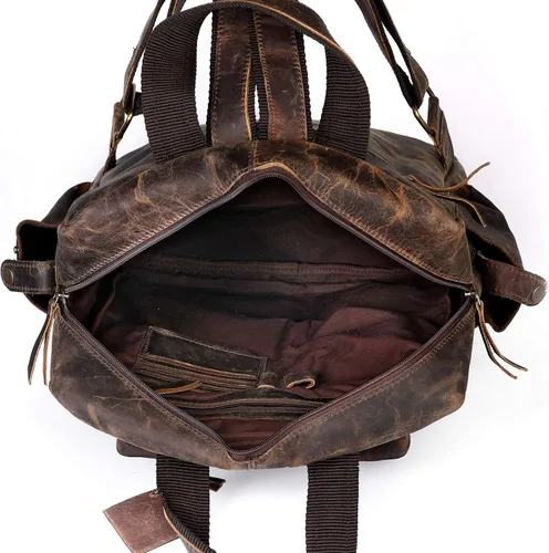 Vista 6 de Mochila vintage de cuero de búfalo con múltiples bolsillos para hombres y mujeres