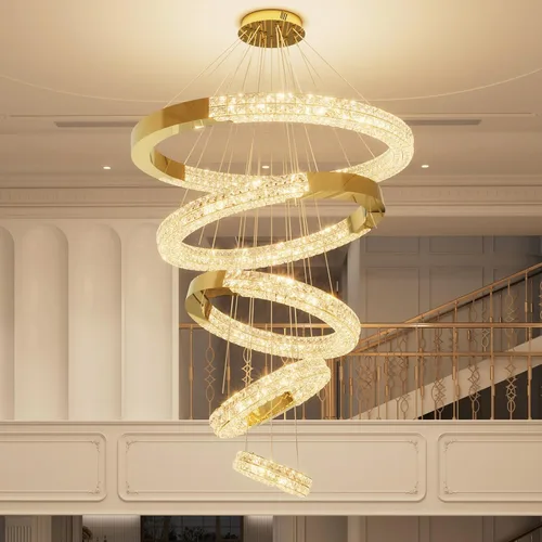 Vista 4 de Gran araña de anillo dorado moderna LED de 5 anillos de cristal para techos altos Vestíbulo Escalera de arañas D12''+20''+28''+35''+43'' Oro