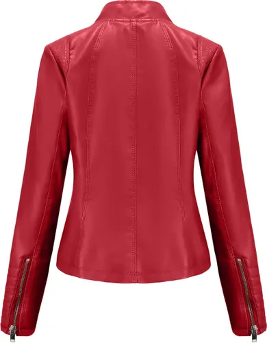 Vista 2 de Womens Red Sheepskin Cafe Racer Jacket - Quilted Sleeves, Slim Fit, Classic Biker