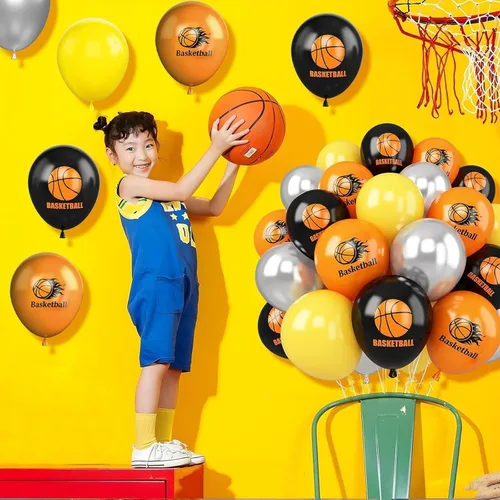Vista 3 de Globos de baloncesto, 30 globos de látex impresos de 12 pulgadas, naranja, negro, plateado metálico y baloncesto para fiestas temáticas deportivas