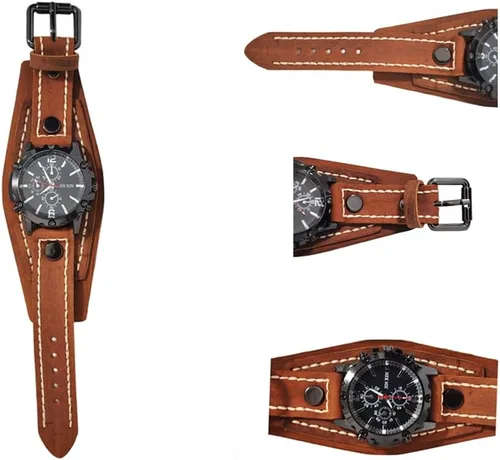 Vista 4 de MINILUJIA Hecho a mano cosido con cuerda de cera para hombre, relojes vintage punk hiphop gótico ancho de cuero genuino brazalete redondo de cuarzo
