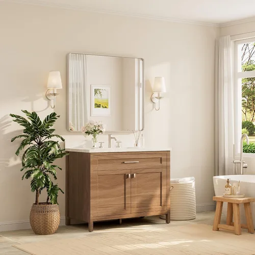 Vista 126 de TETOTE Espejo de marco dorado cepillado de 16 x 24 pulgadas, espejo de tocador de baño de latón dorado para pared, espejo enmarcado rectangular