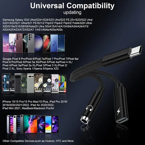 Vista 6 de Adaptador para auriculares Samsung Galaxy S26, cable de audio auxiliar 2 en 1 USB C a 0.138 in Aux Jack Adapter with 60W Fast Charging Dongle