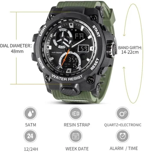 Vista 3 de Reloj analógico de cuarzo para hombre con doble pantalla y alarma digital con iluminación LED
