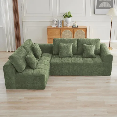 Vista 20 de Sofás seccionales modulares de 110 pulgadas para sala de estar, sofá seccional comprimido sin hueso, sofá de espuma viscoelástica tapizado de 3 Beige