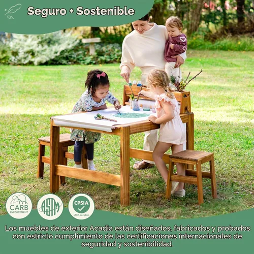 Vista 2 de Guidecraft Juego de mesa y taburete de arte para exteriores Acadia: mesa de madera de acacia para niños con 2 sillas, rollo de papel