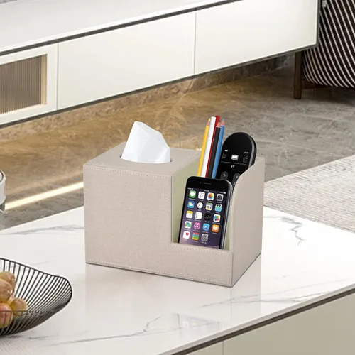 Vista 5 de Funda de caja de pañuelos de cuero PU cuadrada, Soporte de caja de pañuelos multifuncional, Caja de pañuelos con almacenamiento, Soporte de pañuelos