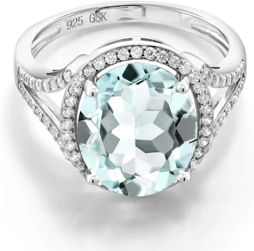 Vista 2 de Gem Stone King Anillo de compromiso de plata de ley 925 con aguamarina simulada azul cielo para mujer