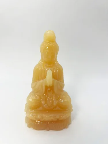 Vista 9 de Guan Yin - Estatua tallada en mármol de ónix amarillo, estatua de Quan Yin, estatua de Kwan Yin, estatua de Kuan Yin, decoración del hogar (11.8)